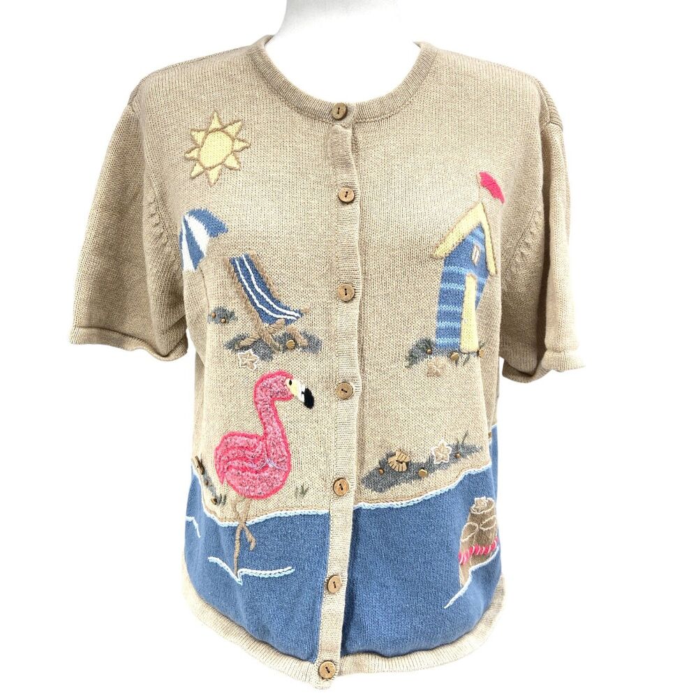 Christopher & Banks Cardigan Womens Large Hand Embroidered Beach Coastal Grandma